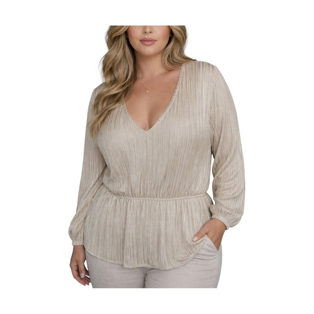 Lane Bryant Metallic White Gold Blouse 18/20 Deep V Long Sleeve